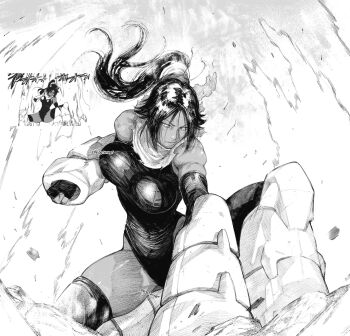 1girl bleach breasts dark-skinned_female dark_skin deontayart highres large_breasts leotard looking_down monochrome ponytail reference_inset shihouin_yoruichi solo superhero_landing thighhighs