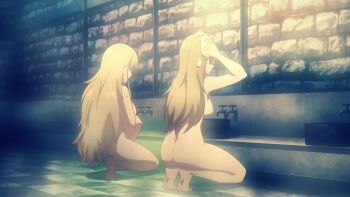 2girls animated anime_screenshot ass bathroom blonde_hair blue_eyes blush breasts completely_nude highres kekkon_yubiwa_monogatari large_breasts long_hair morion_ravri_nokanatika multiple_girls navel nipples nonaka_himeno nude same-sex_bathing shared_bathing siblings sidelocks sisters sound stomach tagme thighs tiptoes video
