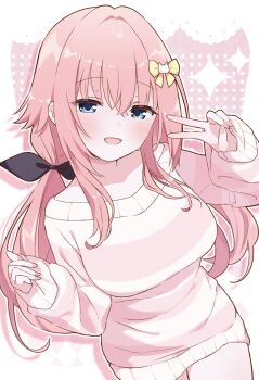 1girl :d alternate_costume black_bow blue_eyes blush bow breasts cat_hair_ornament commentary_request cowboy_shot crossed_bangs dutch_angle grey_background hair_between_eyes hair_bow hair_intakes hair_ornament hamidashi_creative hands_up happy highres large_breasts long_hair looking_at_viewer low_twintails open_mouth outline oversized_sweater pink_background pink_hair pink_sweater ribbed_sweater simple_background sleeves_past_wrists smile solo striped_clothes striped_sweater sweater tokiwa_kano twintails two-tone_background v very_long_hair white_background white_outline yellow_bow yuno_shirose