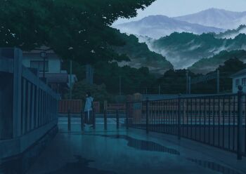 1girl after_rain black_hair black_shoes black_skirt bollard bridge building closed_umbrella cloud coat commentary_request fence fog gensuke_(ryun) hands_in_pockets highres hood hood_down hooded_coat lamppost long_skirt morning mountain original outdoors overhead_line power_lines profile puddle railing road scenery shoes sign skirt sky solo town tree umbrella walking white_coat white_umbrella wide_shot