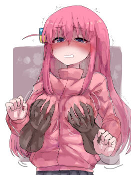 1girl aai_(pixiv105065873) blue_eyes blush bocchi_the_rock! breasts cube_hair_ornament gotoh_hitori grabbing_another's_breast grabbing_from_behind groping groping_breast hair_ornament jacket long_hair pink_hair pink_jacket sweat tears through_clothes track_jacket trembling white_background