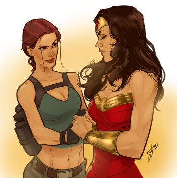 2girls black_hair bracelet breasts brown_hair cleavage closed_eyes dc_comics evgenybornyakov highres holding_hands jewelry lara_croft medium_breasts midriff multiple_girls superhero_costume tank_top tiara tomb_raider wonder_woman