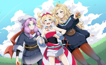 Rule 34 | 3girls, :d, akari (pokemon), akari (pokemon) (cosplay), alternate costume, arezu (pokemon), arezu (pokemon) (cosplay), blue eyes, commission, cosplay, fire emblem, fire emblem: the blazing blade, fire emblem awakening, fire emblem fates, florina (fire emblem), grey eyes, grin, highres, irida (pokemon), irida (pokemon) (cosplay), japanese clothes, lissa (fire emblem), looking at another, multiple girls, nintendo, open mouth, ophelia (fire emblem), outdoors, pantyhose, poke ball, pokemon, pokemon legends: arceus, purple hair, second-party source, smile, villager c