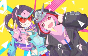 2girls adapted_costume alternate_costume animal_hood armor black_armor black_jacket blue_eyes bohi_yamage brachio_genome brachio_vistamp brachiosaurus brown_hair clock_hands extra_eyes fingerless_gloves gauntlets gloves highres hood idolmaster idolmaster_cinderella_girls index_finger_raised jacket kamen_rider kamen_rider_revi kamen_rider_revice kamen_rider_vice multiple_girls pink_armor pink_hair revice_driver rider-tan short_hair stamp_mark sunazuka_akira sunglasses teeth tinted_eyewear tokusatsu twintails upper_body vistamp yumemi_riamu