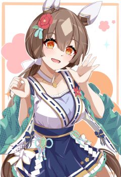 1girl animal_ears blue_hakama blunt_sidelocks blush breasts brown_eyes brown_hair commentary_request double-parted_bangs ear_covers empty_gerbera flower frilled_kimono frills hair_between_eyes hair_flower hair_ornament hakama highres horse_ears horse_girl horse_tail japanese_clothes kimono large_breasts long_hair long_sleeves looking_at_viewer low_ponytail multicolored_hair multicolored_kimono official_alternate_costume official_alternate_hairstyle open_mouth ponytail ribbon-trimmed_kimono ribbon_trim satono_diamond_(floral_star_prosperous_green)_(umamusume) satono_diamond_(umamusume) sidelocks smile solo streaked_hair tail umamusume very_long_hair wide_sleeves