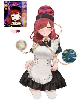2girls alternate_costume apron blush chain closed_eyes color_guide commentary_request cowboy_shot cropped_legs dalachi_(headdress) earrings earth_(ornament) enmaided game_screenshot_inset hecatia_lapislazuli highres jewelry junko_(touhou) legacy_of_lunatic_kingdom long_hair maid maid_apron moon_(ornament) multiple_girls red_hair reference_inset screenshot_inset short_sleeves smile solo_focus sonma1661 thighhighs touhou underworld_(ornament) white_apron white_background white_thighhighs zun_(artist)