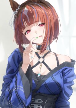 1girl animal_ears brown_hair chain ear_chain highres horse_ears horse_girl kagari_liroi linked_piercing multicolored_hair multicolored_nails piercing solo streaked_hair tongue tongue_out transcend_(twilight_neokagura)_(umamusume) transcend_(umamusume) umamusume upper_body white_background