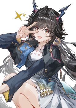 Rule 34 | 1girl, :d, absurdres, arknights, arknights: endfield, black hair, black jacket, chen qianyu (arknights), chinese commentary, commentary request, grey eyes, highres, horns, jacket, long hair, long sleeves, looking at viewer, open mouth, orange pupils, simple background, skirt, smile, solo, sparkle, tongyu, v, v over eye, white background, white skirt