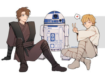 anakin_skywalker animification blonde_hair blue_eyes boots brown_footwear droid father_and_son gloves highres luke_skywalker multiple_boys mxxnfish on_floor one_eye_closed r2-d2 scar scar_across_eye scar_on_face simple_background sitting star_wars star_wars:_a_new_hope star_wars:_revenge_of_the_sith time_paradox v