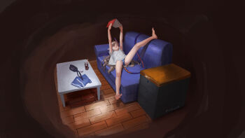 1girl bag barefoot black_bag blonde_hair blue_panties blue_shorts book brown_background chest_of_drawers closed_mouth commentary couch cup denim denim_shorts full_body hair_spread_out highres holding holding_book horns leg_up long_hair looking_up lying multicolored_horns multicolored_tail no_pants on_back on_couch open_book original outstretched_arms panties pointy_ears reading salenpath shirt short_shorts short_sleeves shorts slice_of_life solo spread_legs t-shirt table tail toes tongue tongue_out twitter_username underwear unworn_shorts white_shirt wooden_floor