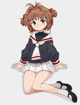 2025 :< ahoge black_jacket blush brown_hair cardcaptor_sakura crossed_legs frown green_eyes headpiece jacket kinomoto_sakura neamosub sitting skirt tagme twintails white_skirt