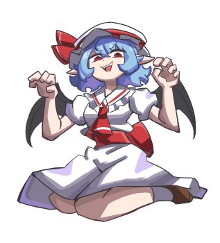 1girl absurdres ascot bat_wings blue_hair collared_shirt frilled_shirt_collar frills full_body hat hat_ribbon highres mob_cap open_mouth pointy_ears puffy_short_sleeves puffy_sleeves red_ascot red_eyes remilia_scarlet ribbon shirt short_hair short_sleeves simple_background sitting skirt skirt_set smug_suriipi solo touhou wariza white_background wings
