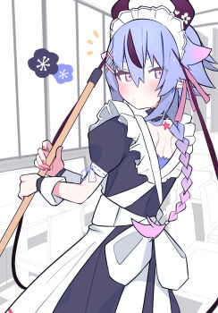 1other absurdres alternate_costume apron back_bow back_tattoo black_dress black_hair black_horns blue_hair blush booth_seating bow braid braided_ponytail broom chair choker closed_mouth commentary cowboy_shot demon_horns dot_nose double-parted_bangs dress enmaided eyes_visible_through_hair flipped_hair flower_tattoo frilled_choker frills from_behind gradient_hair hair_between_eyes hair_ornament hair_tie highres holding holding_broom horns indoors long_hair maid maid_apron maid_headdress meika_mikoto monochrome_background multicolored_hair nail_polish notice_lines other_focus pink_eyes pink_hair puffy_short_sleeves puffy_sleeves red_nails ribbon-trimmed_sleeves ribbon_trim short_sleeves shoulder_blades sidelocks simple_background solo standing streaked_hair sukenoota table tattoo very_long_hair vocaloid white_apron white_bow white_choker window x_hair_ornament