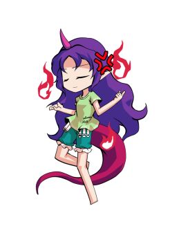 Rule 34 | 1girl, barefoot, breasts, chibi, chibi only, closed eyes, commentary request, dairi, full body, green shirt, green shorts, horns, large variant set, long hair, pink horns, purple hair, red tail, shirt, shorts, simple background, single horn, solo, tachi-e, tenkajin chiyari, test tube, touhou, transparent background, variant set, very long hair