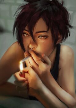 Rule 34 | absurdres, brown eyes, brown hair, crop top, dannyisonfiree, dispatch, face piercing, highres, holding, holding lighter, invisigal (dispatch), lighter, nose piercing, nose ring, piercing, septum piercing, smoking