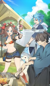 10mo 1girl 2boys :d animal bikini bikini_top_only black_hair black_hakama blue_eyes blue_hair blue_kimono blue_shorts blue_sky blush bracelet braid braided_ponytail breasts brown_hair brown_jacket campfire camping child cloud commentary_request cropped_jacket cu_chulainn_(fate) day dog earrings fate/grand_order fate_(series) fingerless_gloves firewood food forehead game_cg gloves goggles goggles_on_head hair_ribbon hakama hakama_pants holding holding_food holding_skewer hood jacket japanese_clothes jewelry kimono leonardo_da_vinci_(fate) leonardo_da_vinci_(fate/grand_order) leonardo_da_vinci_(rider)_(fate) leonardo_da_vinci_(swimsuit_ruler)_(fate) long_hair long_sleeves miyamoto_iori_(fate) multiple_boys navel official_art open_clothes open_jacket open_mouth outdoors pants parted_bangs pouch red_bikini red_eyes ribbon setanta_(fate) shirt short_sleeves shorts shrug_(clothing) sidelocks sitting skewer sky small_breasts smile sparkle spiked_hair standing sweatdrop swimsuit tent thigh_pouch third-party_source topknot tree white_dog wide_sleeves