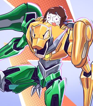 1boy 1girl absurdres blue_eyes blunt_ends brown_hair cosplay crossover glitch_productions gummigoo hashtag-only_commentary hebinalmeog highres marvel marvel_rivals mecha motion_lines multicolored_eyes on_mecha open_mouth peni_parker peni_parker_(cosplay) pomni_(the_amazing_digital_circus) red_eyes robot scared short_hair sp//dr tears the_amazing_digital_circus two-tone_eyes