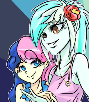2girls aliasing blue_eyes bonbon_(my_little_pony) brown_eyes chuubatsu_nagano hair_ornament jewelry lyra_heartstrings multicolored_hair multiple_girls my_little_pony my_little_pony:_equestria_girls my_little_pony:_friendship_is_magic necklace simple_background tyuubatu yuri