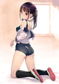 1girl ass bare_shoulders black_one-piece_swimsuit black_sailor_collar black_socks breasts brown_hair commentary_request from_behind indoors kneehighs kneeling koutaro long_sleeves medium_breasts off_shoulder one-piece_swimsuit original purple_eyes sailor_collar school_swimsuit shirt shoes socks solo swimsuit twintails uwabaki white_shirt window