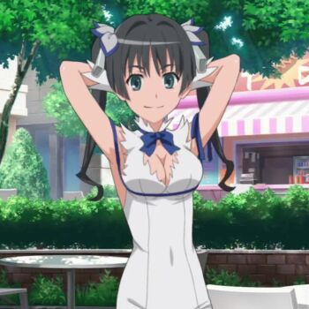 1girl alternate_costume alternate_hairstyle animated armpits arms_behind_head black_hair bouncing_breasts breasts cleavage cosplay covered_navel dungeon_ni_deai_wo_motomeru_no_wa_machigatteiru_darou_ka gloves green_eyes hair_ribbon hestia_(danmachi) highres jiggle large_breasts long_hair looking_at_viewer official_art ribbon saten_ruiko smile solo tagme toaru_kagaku_no_railgun toaru_majutsu_no_index twintails video