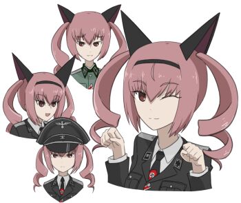 1girl :d akiha_rumiho alternate_costume animal_ears black_cat03 braid brown_eyes curly_hair fake_animal_ears hairband hat jacket long_hair looking_at_viewer military_hat military_uniform multiple_views nazi necktie nullpo one_eye_closed open_mouth pink_hair science_adventure simple_background smile ss_insignia steins;gate swastika twin_braids twintails upper_body waffen-ss white_background