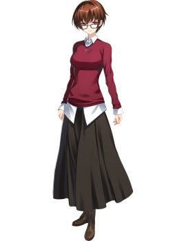 1girl black_skirt breasts brown_hair choukou_(alicesoft) choukou_taisen_escalation_heroines glasses highres kagura_izumi large_breasts long_skirt looking_at_viewer official_art red_eyes red_sweater short_hair skirt smile solo sweater tachi-e yoru_ga_kuru! yuunagi_(seventh_heaven)