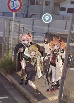 3girls :3 :d absurdres ambriel_(arknights) angelina_(arknights) animal_ears arknights black_bow black_choker black_collar black_gloves black_jacket black_shirt black_shoes black_shorts black_socks bow bracelet brown_hair chain-link_fence choker coat collar commentary_request dot_nose double_v earpiece elf fence food food_in_mouth fox_ears fox_girl full_body gloves google_maps google_street_view green_hair hair_bow hairband high_school_girls_posing_for_google_street_view_(meme) highres infection_monitor_(arknights) jacket jewelry knee_up kneehighs korean_commentary lab_coat laurel_crown laurels long_hair long_sleeves looking_at_viewer medium_hair meme missing_halo missing_wings mole mole_under_eye muelsyse_(arknights) multicolored_hairband multiple_girls one_eye_closed one_side_up open_clothes open_coat open_jacket open_mouth outdoors photo_background pink_hair pocky pocky_in_mouth pointy_ears purple_eyes red_hairband red_jacket road_sign shirt shoes short_shorts shorts sign smile sneakers socks standing standing_on_one_leg striped_clothes striped_hairband tactile_paving ttubbip twintails two-sided_gloves two-tone_hairband v white_coat white_gloves yellow_eyes