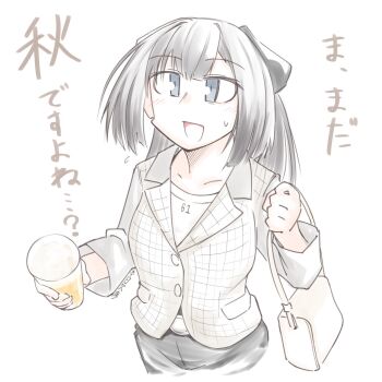 1girl akizuki_(kancolle) bag black_hair black_skirt blue_eyes commentary_request glass grey_jacket highres honketsu jacket kantai_collection long_hair official_alternate_costume one-hour_drawing_challenge plaid_clothes plaid_jacket ponytail shoulder_bag skirt smile solo translation_request