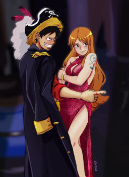 Rule 34 | 1boy, 1girl, alternate costume, artist name, bangle, bare legs, bare shoulders, black coat, black hair, blurry, blurry background, bracelet, breasts, brown eyes, cleavage cutout, closed mouth, clothing cutout, coat, coat on shoulders, commentary, dress, earrings, english commentary, epaulettes, feet out of frame, grin, hat, hat feather, highres, jewelry, jolly roger, long hair, looking to the side, medium breasts, monkey d. luffy, nami (one piece), one piece, orange hair, photo-referenced, pirate hat, pointing, red dress, red shirt, shirt, shoulder tattoo, side slit, smile, standing, straw hat, tattoo, wavy hair, zantinaa