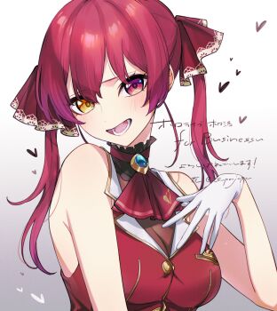 1girl ascot black_choker breasts choker cleavage cropped_jacket frilled_choker frills hair_ribbon heterochromia highres hololive houshou_marine houshou_marine_(1st_costume) hua_(supa_jopa) jacket large_breasts leotard leotard_under_clothes long_hair looking_at_viewer open_mouth red_ascot red_eyes red_hair red_jacket red_ribbon ribbon sleeveless sleeveless_jacket smile solo twintails virtual_youtuber