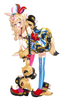 &gt;_&lt; 1girl :d absurdres animal_ear_fluff animal_ears antenna_hair asymmetrical_legwear black_hair blonde_hair blue_thighhighs blush bow bowtie breasts cleavage closed_eyes club_(shape) cross-laced_clothes cross-laced_legwear diamond_(shape) ears_through_headwear elbow_gloves facial_hair fox_ears fox_girl fox_tail full_body gloves halter_shirt halterneck hat heart highres hololive jester_cap kou_mashiro layered_skirt leaning_forward looking_at_viewer mismatched_legwear multicolored_hair mustache omaru_polka omaru_polka_(1st_costume) open_mouth pink_hair pink_thighhighs pointy_shoes purple_eyes red_bow red_bowtie shirt shoes simple_background single_elbow_glove skirt sleeveless sleeveless_shirt smile solo spade_(shape) standing star_(symbol) streaked_hair striped_clothes striped_skirt striped_thighhighs tail thighhighs tilted_headwear top_hat virtual_youtuber white_background zain_(omaru_polka) zettai_ryouiki