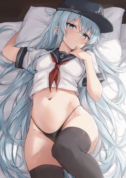 1girl blue_eyes blush flat_cap grey_hair hair_between_eyes hat hibiki_(kancolle) highres k_jie kantai_collection long_hair looking_at_viewer lying neckerchief on_bed panties sailor_collar school_uniform serafuku shirt short_sleeves solo thighhighs underwear white_hair white_shirt