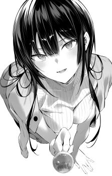 1girl breasts candy feeding food haite_kudasai_takamine-san highres hiiragi_yuuichi holding holding_candy holding_food holding_lollipop incoming_food lollipop long_hair medium_breasts monochrome original simple_background skirt solo takamine_takane