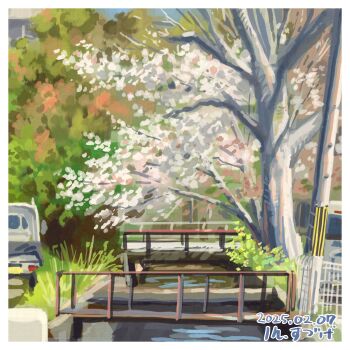 border bridge bush cherry_blossoms commentary_request dated day fence grass kei_truck motor_vehicle no_humans one-hour_drawing_challenge original outdoors river scenery suzuke tree truck utility_pole white_border