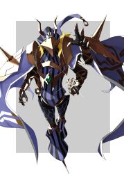 Rule 34 | 1boy, armor, avicebron (fate), blonde hair, border, cape, claw ring, extra arms, fake horns, fate/grand order, fate (series), full body, grey background, helmet, highres, horned helmet, horns, joints, male focus, medium hair, nagihana, outside border, outstretched arm, pauldrons, purple cape, robot joints, shoulder armor, simple background, solo, white border