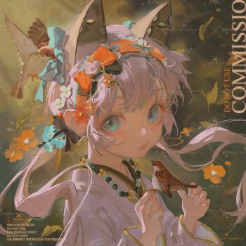 1girl animal_ears bead_necklace beads bird bird_on_hand black_bow blue_bow blue_eyes blue_flower blurry blurry_background bow chinese_clothes chinese_commentary closed_mouth commentary_request commission daisy_(flower) day expressionless eyelashes eyeshadow falling_leaves floating_hair flower forest fox_ears grey_hair hair_beads hair_bow hair_flower hair_ornament hairband hanfu highres jewelry lace-trimmed_hairband lace_trim leaf light_blush light_frown light_particles long_hair long_sleeves looking_at_viewer low_twintails makeup multiple_hair_bows nature necklace nemuri_hitsuji_inshi orange_bow orange_hairband original outdoors pansy petals pink_lips red_eyeshadow red_flower sample_watermark solo sparrow too_many_watermarks twintails upper_body very_long_hair watermark watermark_grid white_flower white_hanfu wide_sleeves