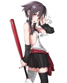 1girl alternate_costume asymmetrical_legwear bandaged_leg bandages bare_shoulders baseball_bat belt_collar black_nails black_skirt black_thighhighs blush breasts brown_hair choker collar highres kono_subarashii_sekai_ni_shukufuku_wo! loli looking_at_viewer medium_hair megumin miniskirt mismatched_legwear open_mouth red_eyes sidelocks simple_background single_thighhigh skirt small_breasts solo tank_top thighhighs waligner white_background white_tank_top
