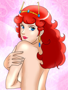 1girl blue_eyes coconakid earrings female_focus from_behind ginga_reppuu_baxingar hair_ornament j9_series jewelry layla_mineri lipstick looking_back makeup red_hair solo topless_female topless_frame upper_body