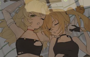 2girls ahoge armpits artist_name bare_shoulders black_choker black_tank_top blonde_hair breasts choker closed_eyes collarbone detached_sleeves gloves green_eyes half_gloves highres long_hair luciana_de_montefio lying multiple_girls on_back one_eye_closed open_mouth piper_wheel sa_tsuko shirt side_ponytail sleeping sleepy small_breasts tank_top tearing_up torn_clothes torn_shirt twitter_username yellow_gloves zenless_zone_zero