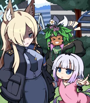 &gt;_&lt; 3girls aged_down animal_ear_fluff animal_ears armband average-hanzo beads black_bow blaster_master_zero blaster_master_zero_2 blonde_hair blue_archive blue_armband blue_eyes blue_shirt blunt_bangs blush blush_stickers bow breasts building bush child closed_eyes collared_shirt colored_skin commentary day dress english_commentary extra_ears flower flower_on_head goggles goggles_on_head grass green_hair green_skin grin hair_beads hair_bow hair_ornament hair_over_one_eye hairband halo high_collar jacket kanna_(blaster_master_zero) kanna_(blue_archive) kanna_kamui kobayashi-san_chi_no_maidragon large_breasts light_purple_hair long_hair long_sleeves looking_at_viewer low_twintails monster_girl multiple_girls name_connection necktie notice_lines open_mouth outdoors pink_dress plant playground pointing pointing_at_viewer police police_uniform policewoman potted_plant shaded_face sharp_teeth shirt short_sleeves skirt sleeves_past_wrists smile sphere_hair_ornament teeth trait_connection tree twintails waving