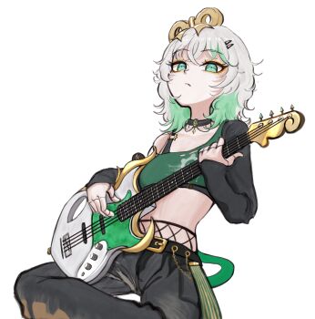 1girl absurdres alternate_costume alternate_hairstyle bass_guitar black_pants black_sleeves cecilia_immergreen colored_inner_hair cowboy_shot denim doll_joints double-parted_bangs electric_guitar eyebrows_hidden_by_hair flat_chest green_eyes green_hair green_shirt grey_hair guitar hair_between_eyes hair_ornament hairclip hashtag-only_commentary highres holding holding_bass_guitar holding_instrument hololive hololive_english instrument jeans joints looking_at_viewer medium_hair multicolored_hair outside_border pants shirt simple_background sitting solo streaked_hair torn_clothes torn_pants virtual_youtuber white_background winding_key zookacchi