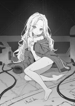 1girl absurdres barefoot breasts cable closed_mouth coat covering_breasts covering_privates diana_(pragmata) feet greyscale highres hirotaka0125 light_blush loli long_hair long_sleeves looking_at_viewer monochrome naked_coat navel off_shoulder pragmata puffy_long_sleeves puffy_sleeves signature sitting sleeves_past_fingers sleeves_past_wrists small_breasts soles solo sweat toes very_long_hair yokozuwari