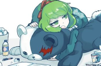 1girl beast_monokuma bottle bow child danganronpa_(series) danganronpa_another_episode:_ultra_despair_girls dress garbage green_dress green_eyes green_hair hair_bow hair_ribbon hairband headband honzumaruii long_sleeves lying_on_animal matching_hair/eyes monokuma notebook open_mouth pen plastic_bottle red_bow red_hairband red_headband red_headwear red_ribbon ribbon simple_background skeleton_print tail teeth towa_monaca trash_can upper_teeth_only white_background