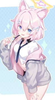 1girl absurdres animal_ear_request animal_ears blue_background blue_eyes blue_nails blush breasts clothes_writing collared_shirt commentary commission cowboy_shot cropped_shirt double-parted_bangs fang fingernails green_nails grey_jacket hair_between_eyes hair_ornament halo hand_on_own_thigh hand_up highres hiraga_matsuri hood hood_down hooded_jacket jacket looking_at_viewer multicolored_nails navel open_mouth original partially_open_jacket pink_hair pink_nails shirt skeb_commission skin_fang small_breasts smile sparkle star_halo stomach triangle_hair_ornament white_shirt wing_collar yellow_halo