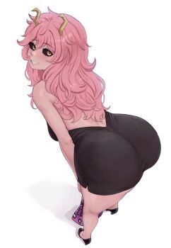 1girl absurdres ashido_mina ass ass_focus back black_sclera boku_no_hero_academia breasts brikot colored_sclera colored_skin commentary from_behind full_body grin highres horns huge_ass looking_at_viewer looking_back perspective pink_hair pink_skin simple_background smile solo thighs white_background yellow_eyes