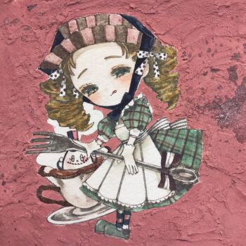 Rule 34 | 1girl, :q, acrylic paint (medium), ankle boots, apron, blonde hair, blush, boots, bow, chibi, cup, curly hair, dress, food, fork, full body, gloves, green dress, green eyes, green shoes, hair bow, hair ribbon, hand up, headscarf, highres, holding, holding fork, karintoun, lace, long sleeves, looking at viewer, maid, medium hair, original, painting (medium), pink background, pink bow, plaid clothes, plaid dress, ribbon, shoes, signature, simple background, smile, socks, solo focus, standing, striped clothes, striped socks, teacup, tongue, tongue out, traditional media, watercolor (medium), white apron