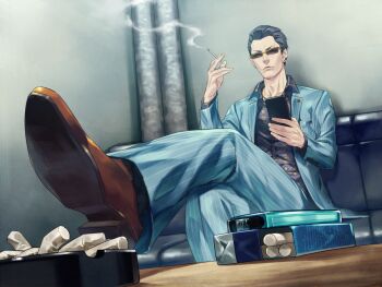 1boy ashtray black_hair black_shirt brown_footwear character_name cigarette cigarette_butt cigarette_pack closed_mouth collarbone collared_shirt commentary copyright_name couch dress_shirt ear_piercing facing_viewer feet_out_of_frame forehead formal_clothes grey_jacket grey_pants grey_suit hair_slicked_back higashi_tooru holding holding_cigarette holding_phone jacket judge_eyes lapel_pin crossed_legs lighter long_sleeves looking_at_phone male_focus open_clothes open_jacket pants partially_unbuttoned phone piercing pin pinstripe_pattern pinstripe_suit shirt shoes sitting smoke striped suit talgi