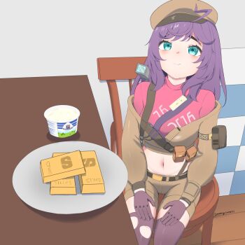 1girl absurdres ahoge arm_pouch artist_name belt beret black_gloves black_thighhighs blue_eyes brown_hat brown_jacket brown_shorts chair closed_mouth commentary english_commentary girls&#039;_frontline girls&#039;_frontline_2:_exilium gloves gold_bar hands_on_own_thighs hat highres indoors jacket jazz_the_blini_cat_(meme) ksenia_(girls&#039;_frontline_2) long_hair long_sleeves looking_at_viewer looking_up meme midriff navel pennycilin030 photo-referenced plate purple_hair red_shirt shirt shorts sitting smile solo stechkin_(girls&#039;_frontline) table thighhighs torn_clothes torn_thighhighs whipped_cream