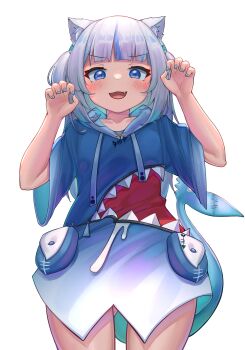 1girl absurdres animal_ear_fluff animal_ears animal_hood bad_id bad_twitter_id blue_eyes blue_hoodie blue_nails blunt_bangs blush cat_ears claw_pose collarbone commentary cowboy_shot deaver fang fangs from_below gawr_gura gawr_gura_(1st_costume) gluteal_fold hands_up highres hololive hololive_english hood hood_down hoodie kemonomimi_mode looking_at_viewer medium_hair multicolored_hair nail_polish open_mouth pocket short_sleeves simple_background smile solo streaked_hair tail virtual_youtuber white_background zipper_pull_tab