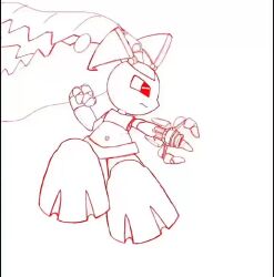 1girl aiming animated arm_cannon artist_name big_hair clenched_hand closed_mouth crop_top electricity extra_mouth female_focus flat_chest floating full_body fusion gen_3_pokemon hand_up humanoid_robot jaggy_lines jenny_wakeman leg_up long_hair looking_to_the_side making-of mawaifu mawile mechanization microskirt monochrome my_life_as_a_teenage_robot navel nintendo outstretched_arm pokemon pokemon_(creature) powering_up robot rocket sharp_teeth shirt sideways_mouth signature simple_background sketch skirt sleeveless sleeveless_shirt solo stomach tagme teeth video weapon white_background